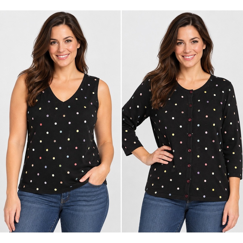 Dressbarn Woman Black Polka Dot Cardigan Shell Twin Set Plus 18/20 3/4 Sleeve